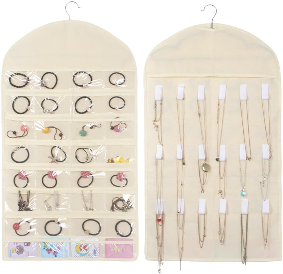 MONEIL Jewelry Organizer Hanging Double Sided 32 Pockets & 18 Hooks Jewelry Roll Up Closet Hanging Non-Woven Holder for Earrings Necklace Bracelet Ring Display Pouch (Beige)
