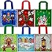 Christmas Gift Bags Holiday Plastic Coated Fabric Tote with Nylon Handles Reusable Foldable Bulk 6 Styles Toy Soldiers Poinsettia Snowman Cardinal Bird Winter Snow Scene Small to Medium Set of 12 Pack