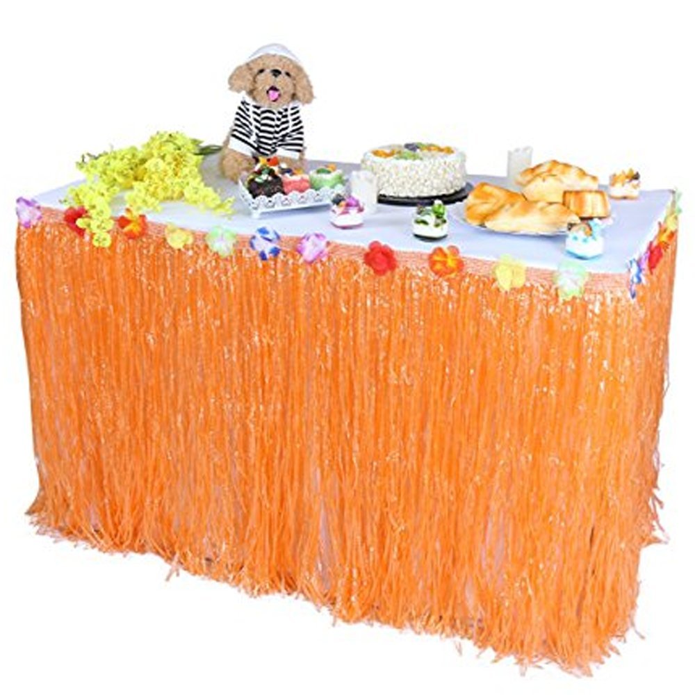 Grass Table Skirt Halloween - 110 x 29 Inches Luau String Hibiscus Leis Silk Flower Party Decoration(2 Pack,Orange and Green)