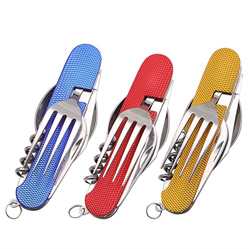 ULKEME 3 in 1 Folding Stainless Steel Spoon Fork Knife Tableware Multi Tool for Camping Blue