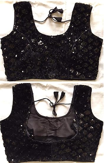 Women's Sequence & Thread Work Readymade Sleeveless Blouse (Black)