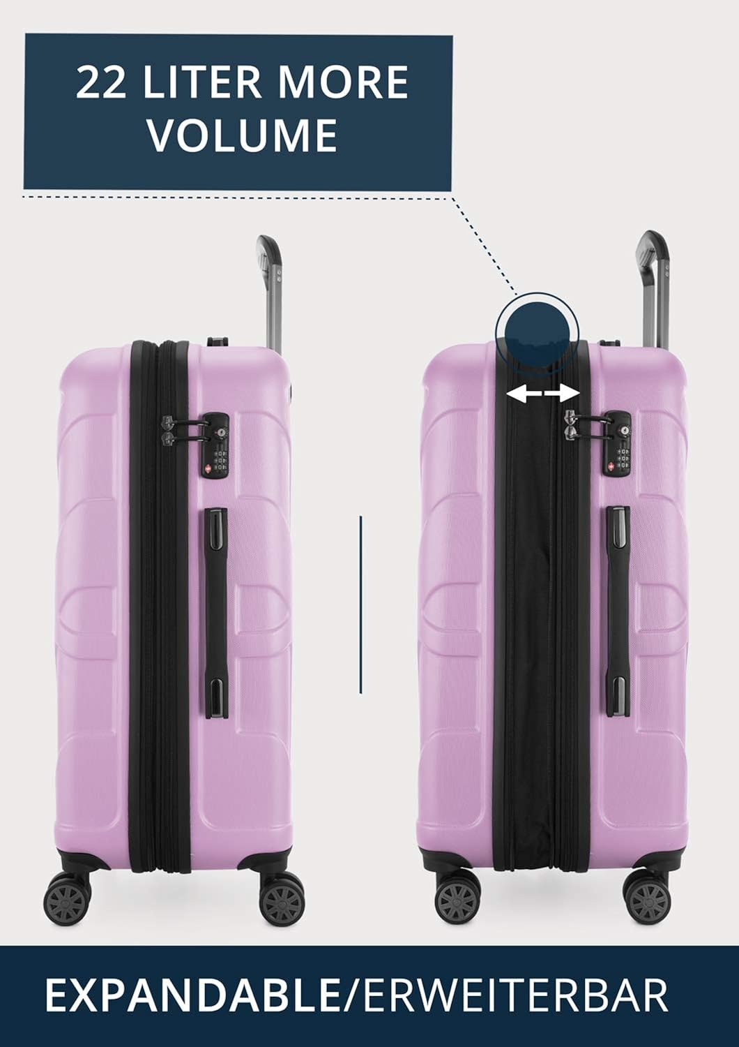 Suitline - Hardshell Suitcase Trolley Travel Luggage Hardcase with Extension, TSA, 66 cm, 58-68 litres, 100% ABS mat, Lilac - Image 4