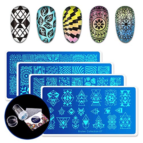 Biuteeã€€Nail Art Stamp Stamping Templates Stamper Scraper Kit 4 Manicure Plates Set with 1 Polish StamperÂ  Leaves Flowers Geometric letter Nail Template with nailã€€