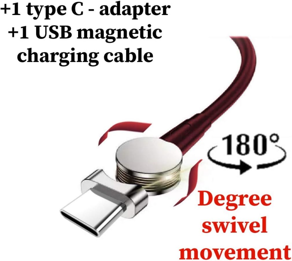 Type C - USB Magnetic Phone Charger (Revolutionized 180 Degrees Braided Nylon 3Feet) Fast Charging USB QC 2.4-Data-Transmission Cable-Compatible with Android Type C Devices (3ft / Red Braided Nylon)
