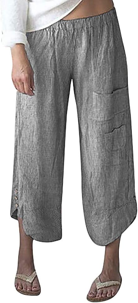 TIFENNY Loose Sweatpants for Women Plus Size Solid Color Pocket Wide Leg Pants Cotton Linen Trousers Ninth Pants