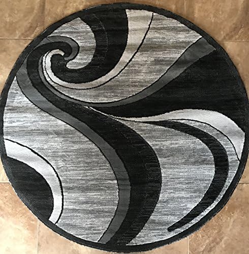 Modern Round Contemporary Area Rug Grey & Black Design 144 (7 Feet 3 Inch X 7 Feet 3 Inch Round)