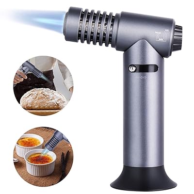 Give Me Kitchen Torch, Blow Torch Lighter, Cooking Butane Torch, Refillable Culinary Torch with Adjustable Flame &amp; Safety Lock for BBQ, Baking, Soldering, Brulee - Gray (Butane Gas Not Included)