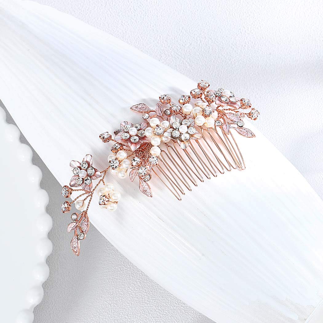 Fstrend Bridal Wedding Hair Comb Gold Rhinestone Flower Bride Hair Side Combs Clips Pearl Leaf Hair Accessories for Women and Girls (rose gold) : Beauty
