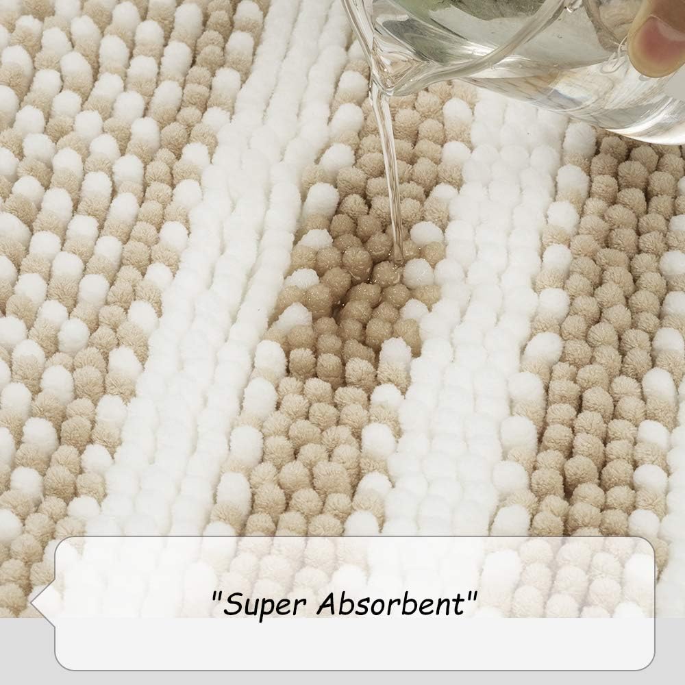 Bsicpro Chenille Bath Rug for Bathroom Shaggy Mat Shower Mats 32 x 21inch Super Non Slip Water Absorbent Carpet Stripe Pattern Plush Rugs for Tub, Shower, Bath Room (Khaki): Kitchen & Dining