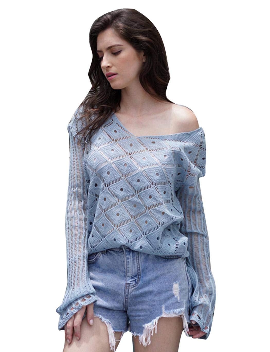 Milene88 Women Loose Knitted Sweater Solid Long Sleeve V-Neck Hollow Out Pullover Boat Neck