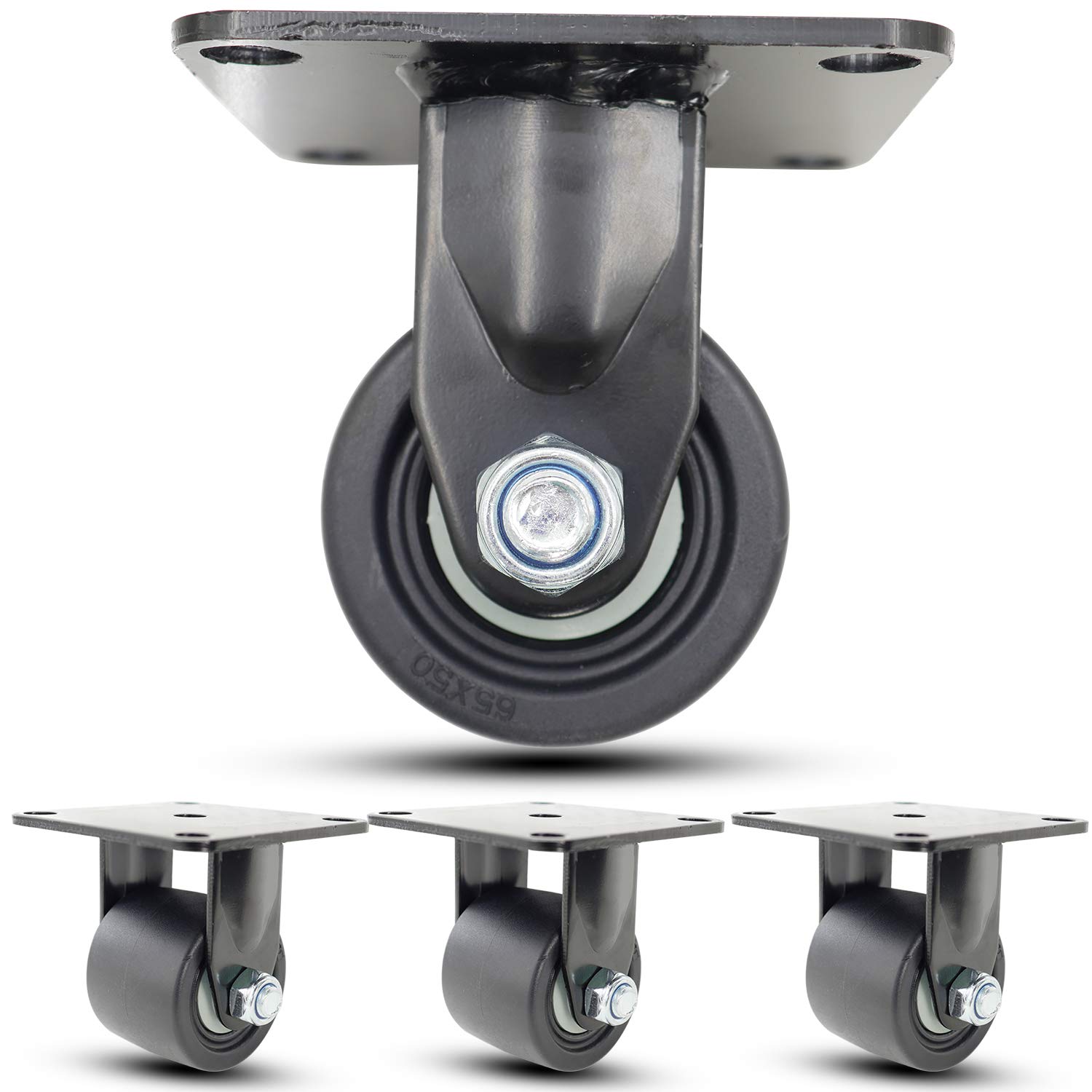 Casoter 2.5 Inch Black Low Gravity Center Nylon Caster, 50mm Extra Width Hi-Temp Nylon Wheel Top Plate Rigid w/o Brake Heavy Duty Double Ball Bearing Caster, 4500Lbs Total Load Capacity Pack of 4: Industrial & Scientific