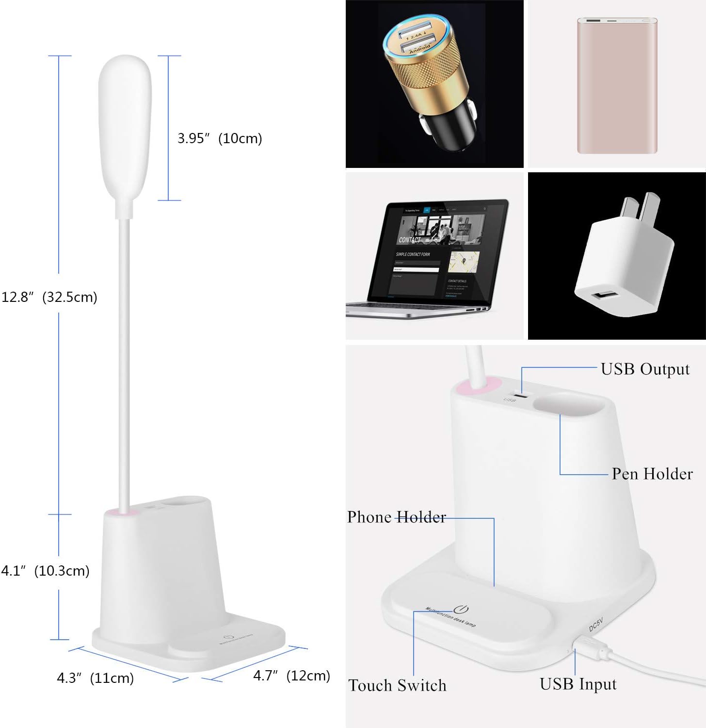 LED Desk Lamp, NovoLido Rechargeable Desk Lamp with USB Charging Port & Pen Holder, 2 Color Modes & Stepless Dimming, 360° Flexible Metal Hose, Mini Cute Lamp for College Dorm Bedroom Reading (White) - - 