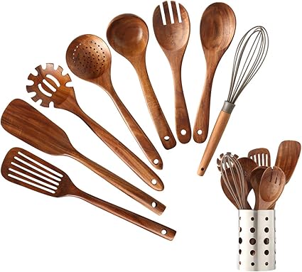 Wooden Kitchen Utensils Set With Utensil Holder Nayahose Wooden Spoons For Cooking Natural Teak Wood Kitchen Spatula Set For Cooking Including Spoon Ladle Fork 9 Pack Amazon Co Uk Home Kitchen