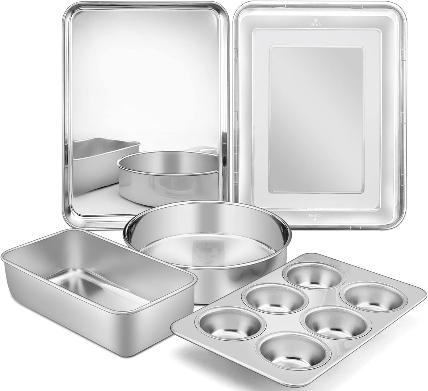 6-Piece Bakeware Kitchen Set, P&P CHEF Stainless Steel Bakeware Pans Sets, Including Baking Pan/Round Cake Pan/Muffin Pan/Loaf Pan/Deep Lasagna Pan & Lid, Non-toxic & Durable, Dishwasher Safe: Kitchen & Dining