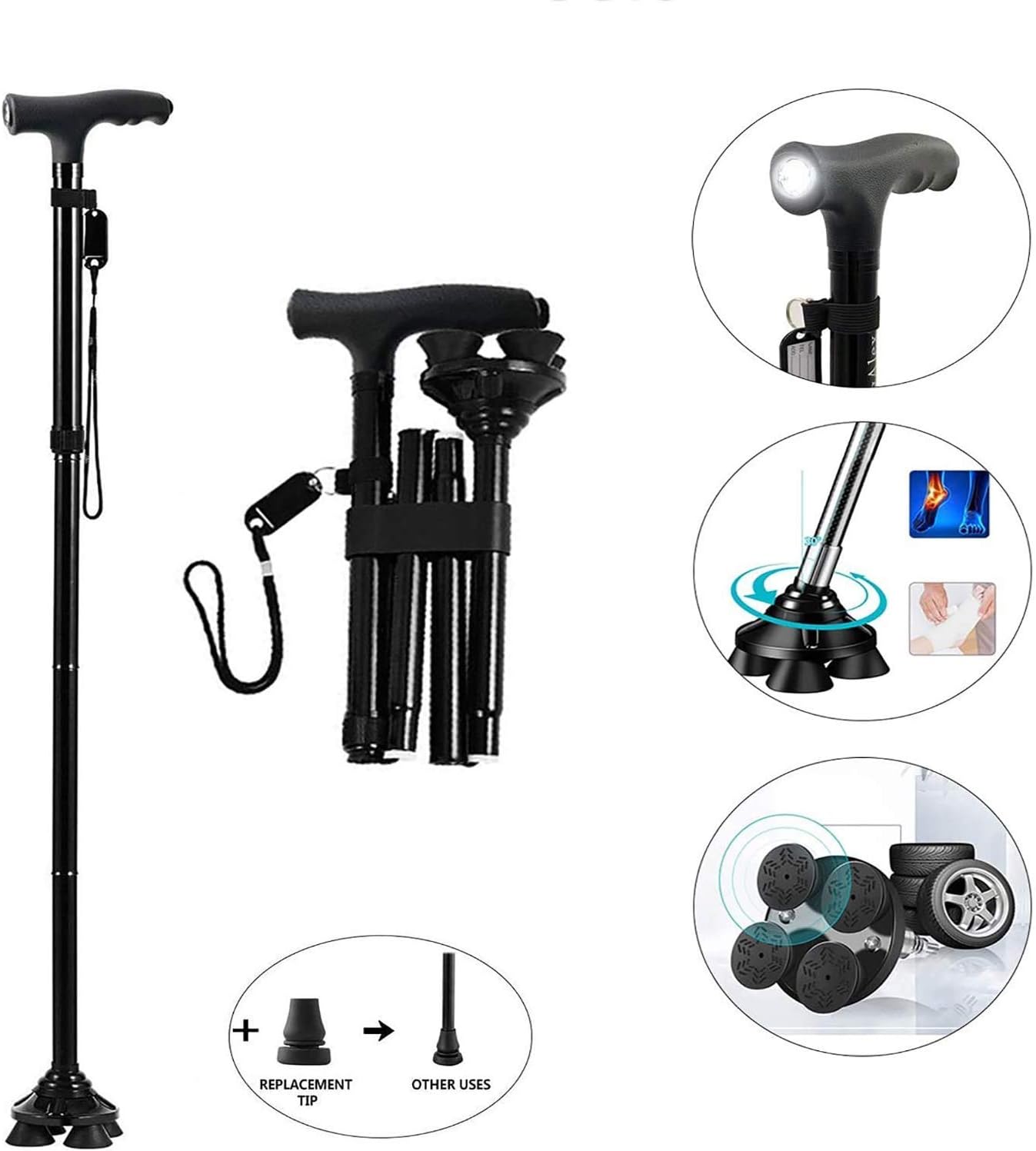 BigAlex Folding Walking Cane with LED Light,Adjustable & Portable Walking Stick, Lightweight,Collapsible with Carrying Bag for Men/Woman๏ผLarge๏ผ