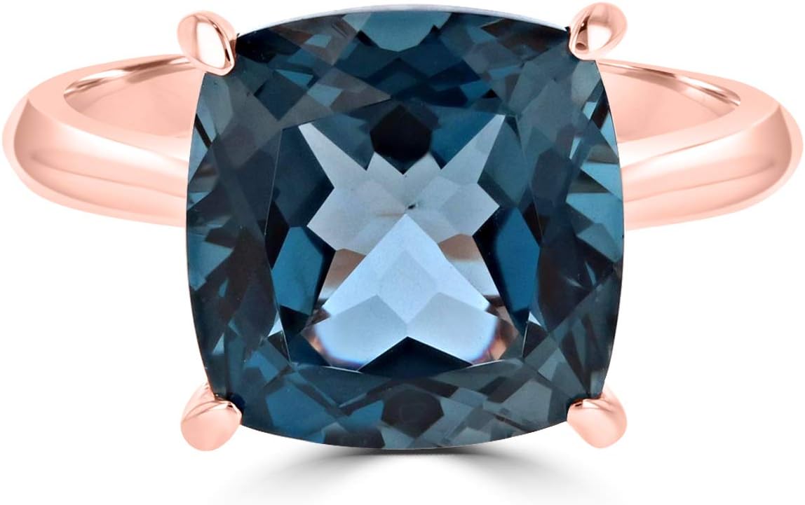 Eleganti Natural London Blue Topaz Ring in 14K White or Rose Gold - December Birthstone - Sizes 5,6,6.5,7,8,9