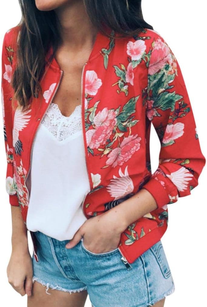 iYBUIA Autumn Womens Ladies Retro Print Floral Zipper Up Bomber Jacket Casual Coat Outwear
