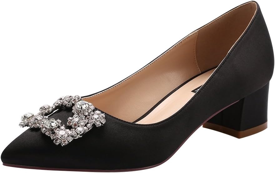 ERIJUNORWomen Comfort Chunky Heel Pointed Toe Rhinestone Wedding Evening Satin Shoes for Bride
