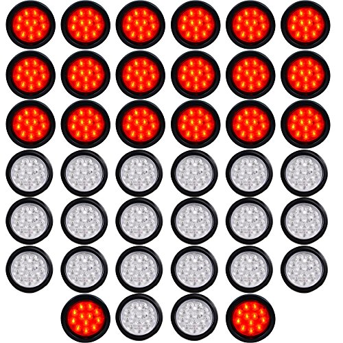 4" Round 12-LED Truck RV Trailer Tail Light Rubber Cover Wiring Plug Kit (Pack of 40, Clear Lens - Red Light)