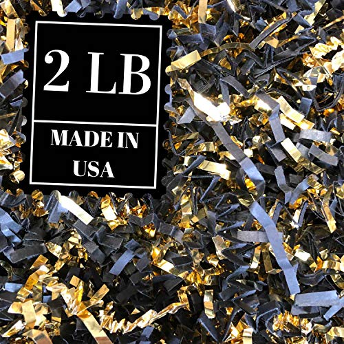 Crinkle Cut Paper Shred Filler for Packing and Filling Gift Baskets, Natural Craft Bedding in Brown Kraft Red Pink White Green Yellow Blue and White ... (2 LB, Black and Gold) - Thumbnail 7