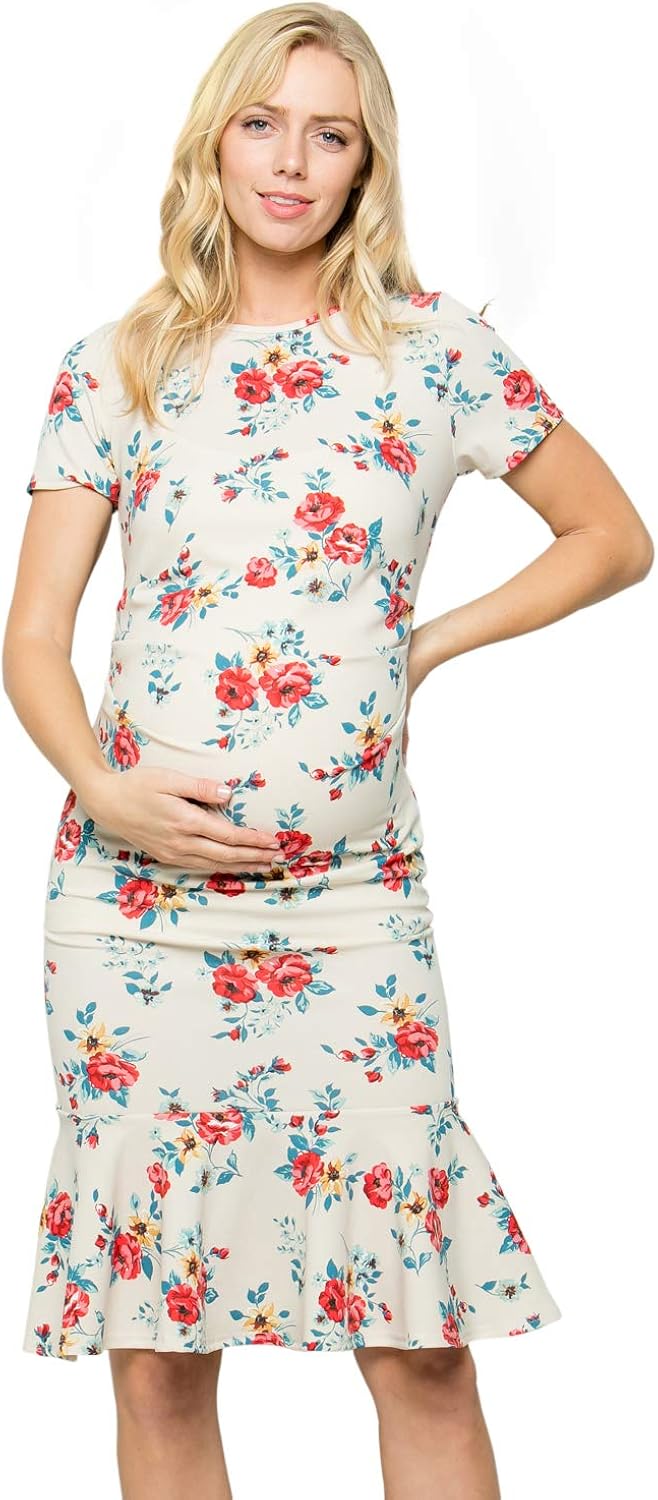 My Bump Maternity Midi Dress - Fitted Stretch Short Sleeves Mermaid Flare Ruffle at  Women’s Clothing store