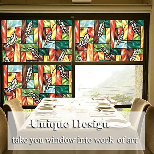 Bloss Vinyl Static Cling Privacy Leaf Stained Glass Decorative Window Film 17.7 Inches by 78.7 Inches