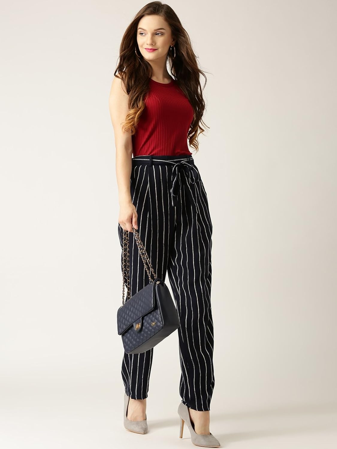 marie claire women navy & white original fit striped peg trousers (mc688)