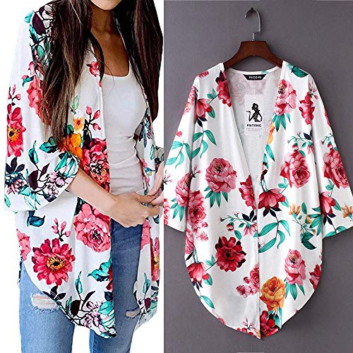Fashion Chiffon Shawl Print Kimono Cardigan Top Cover Up Blouse Beachwear Women White