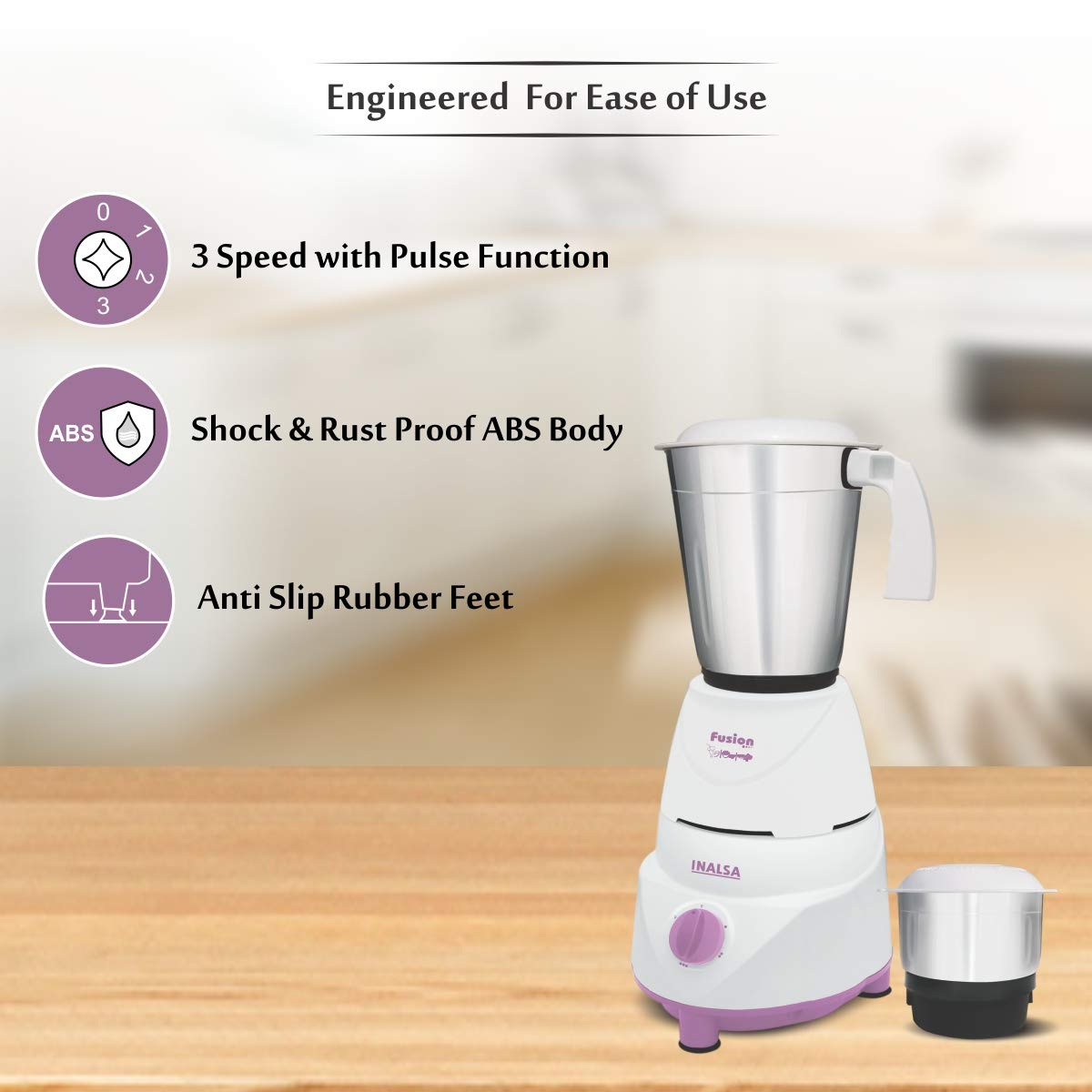 Inalsa Fusion 550Watt Mixer Grinder with 2 Jar (White/Light Purple