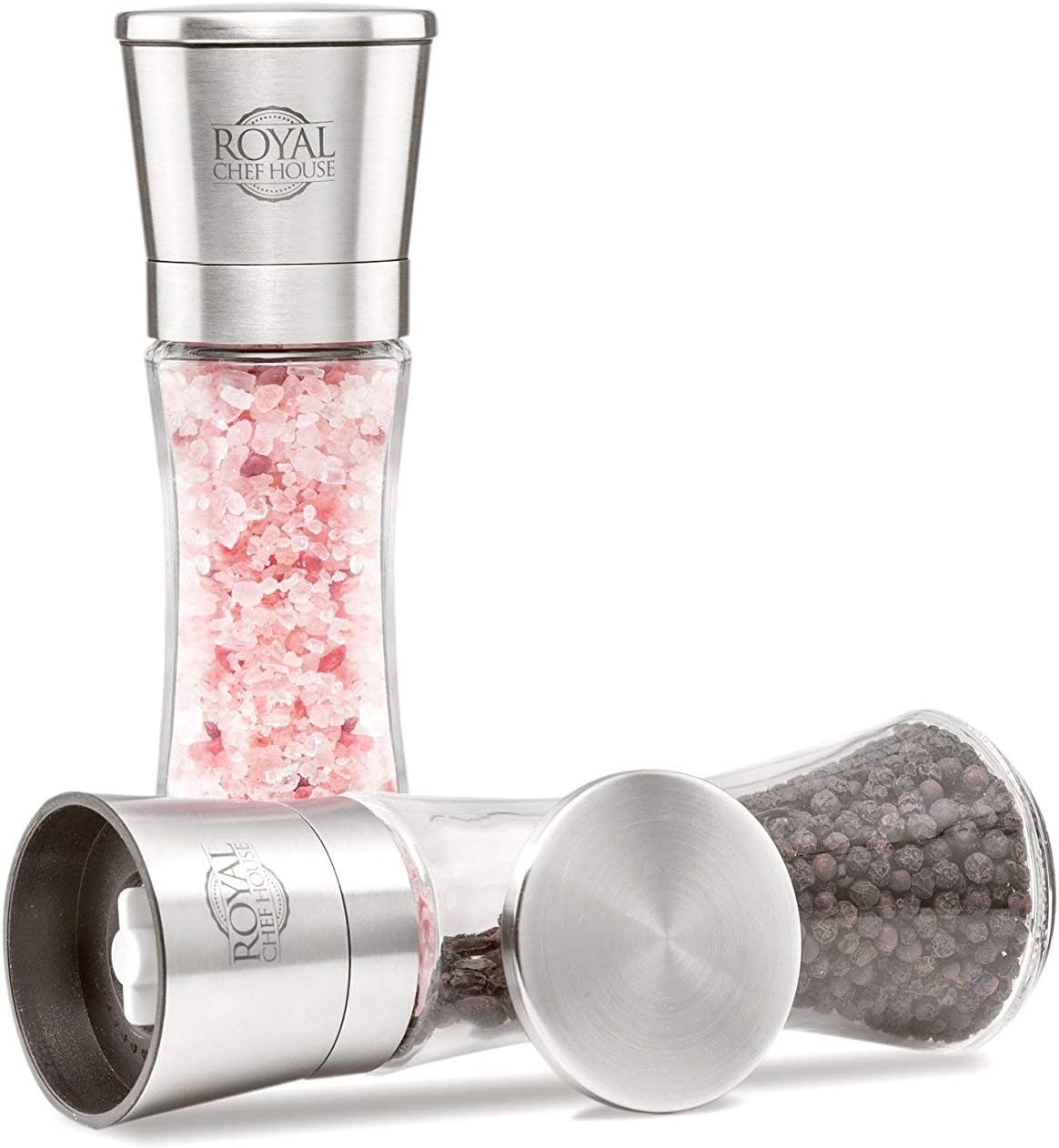 Himalayan Pink Salt & Black Pepper Grinders by Royal Chef House - Pre-filled with Himalayan Rock Salt and Pepper - Premium Glass and Stainless Steel Salt Mill and Pepper Mill