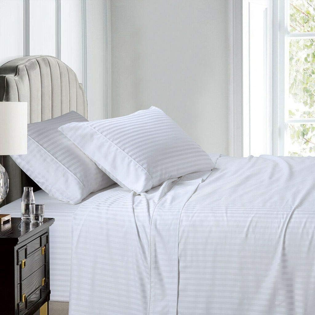 LaxLinen 500 Thread Count 100% Egyptian Cotton 4PC Bed Sheet Set 18" Inch Extra Deep Pocket Emperor/Wyoming King, White Stripe