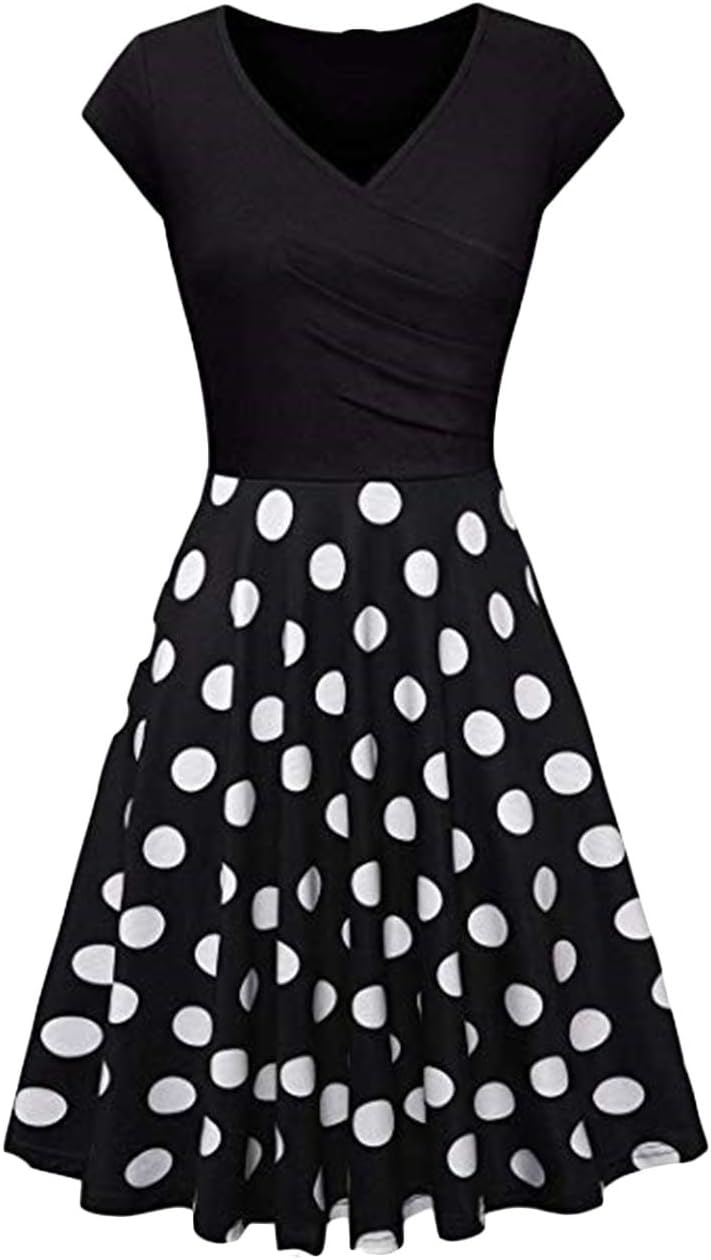 Womens Casual Swing Short Sleeve Wrap V Neck Floral Solid A Line Midi Dress