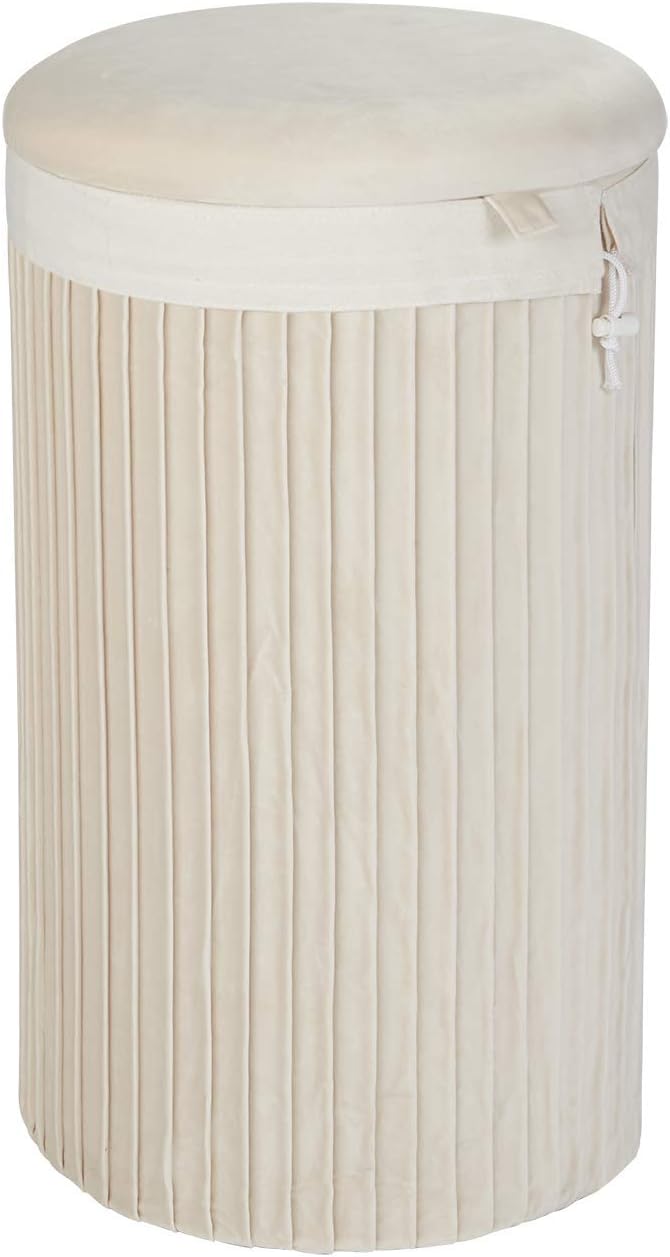 Inspire Me! Home Décor Lydia Round, Pleated Sand Shell Soft Velvet Removable Washable Bag, 14 Dia x 24 in, Gorgeous and Classy Laundry or Storage Hamper