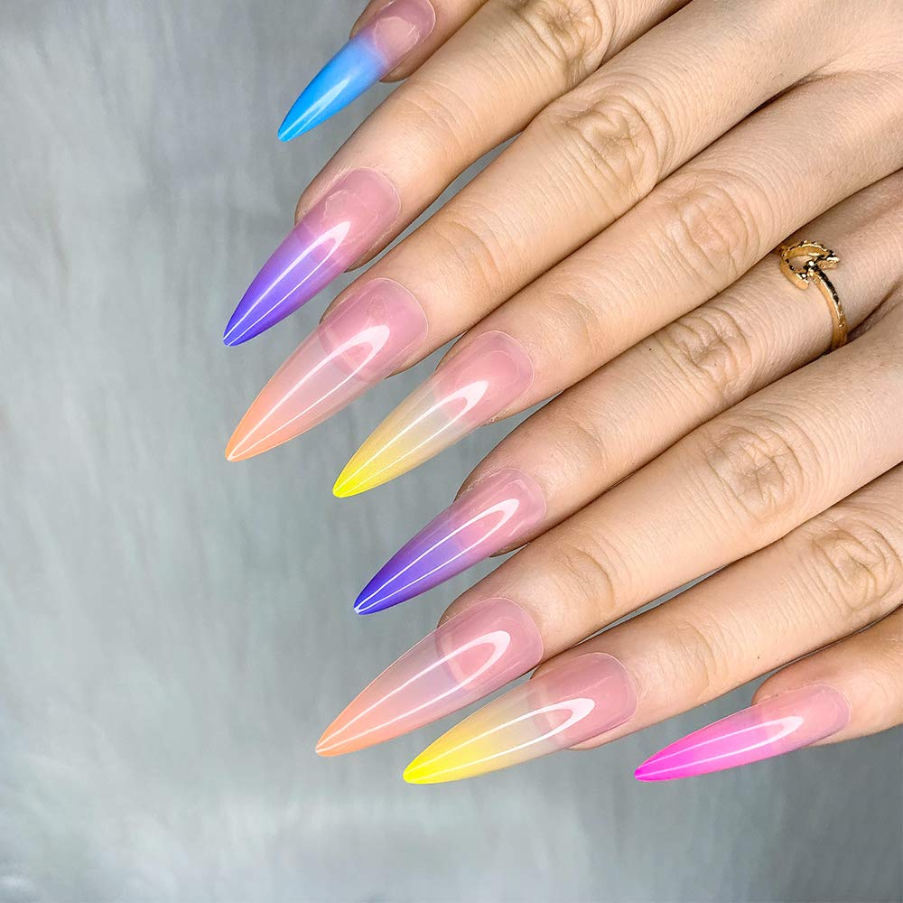Morily 24pcs Fake Nails Rainbow Colorful Ombre Glossy Long Stile