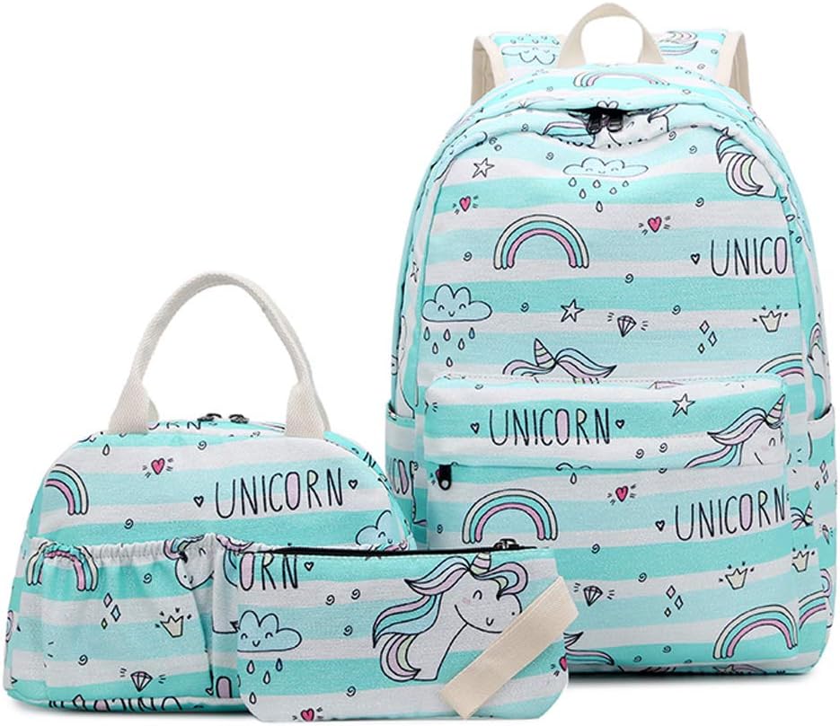 YANAIER Backpack for Teen Girls 3PCS Cute School Book Bag Set with Lunch Bag and Pencil Case Lightblue Unicorn