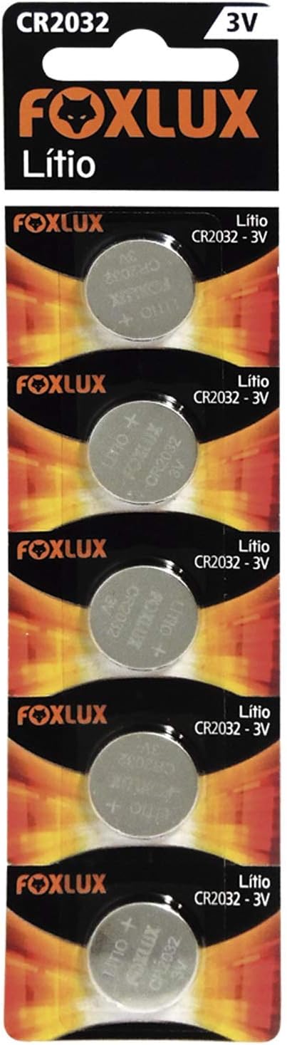 Bateria de Lítio Foxlux – CR2032 – 3V – Cartela com 5 unidades – Ideal para controles de portão, alarmes de carro, brinquedos e aparelhos auditivos