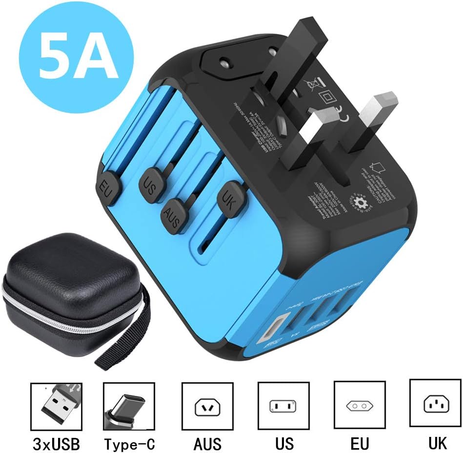 PUNIAJI Worldwide Travel Adapter, 3 USB Ports with 5A High Speed Charger and 1 3.0A Type C International Wall Charger All in One Universal Adaptor for Mobile Phones and Tablets