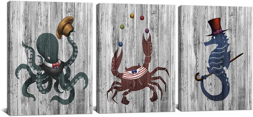 Amazon Com Derkymo 3 Pieces Funny Sea Life Circus Show Picture For Wall Octopus Canvas Wall Art For Living Room Bathroom Kitchen Coastal Picture Painting Prints Artwork Framed Ready To Hang Each Piece