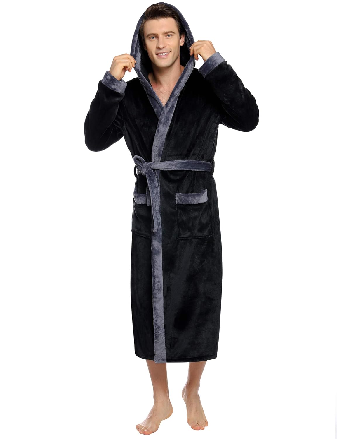 mens black fleece dressing gown
