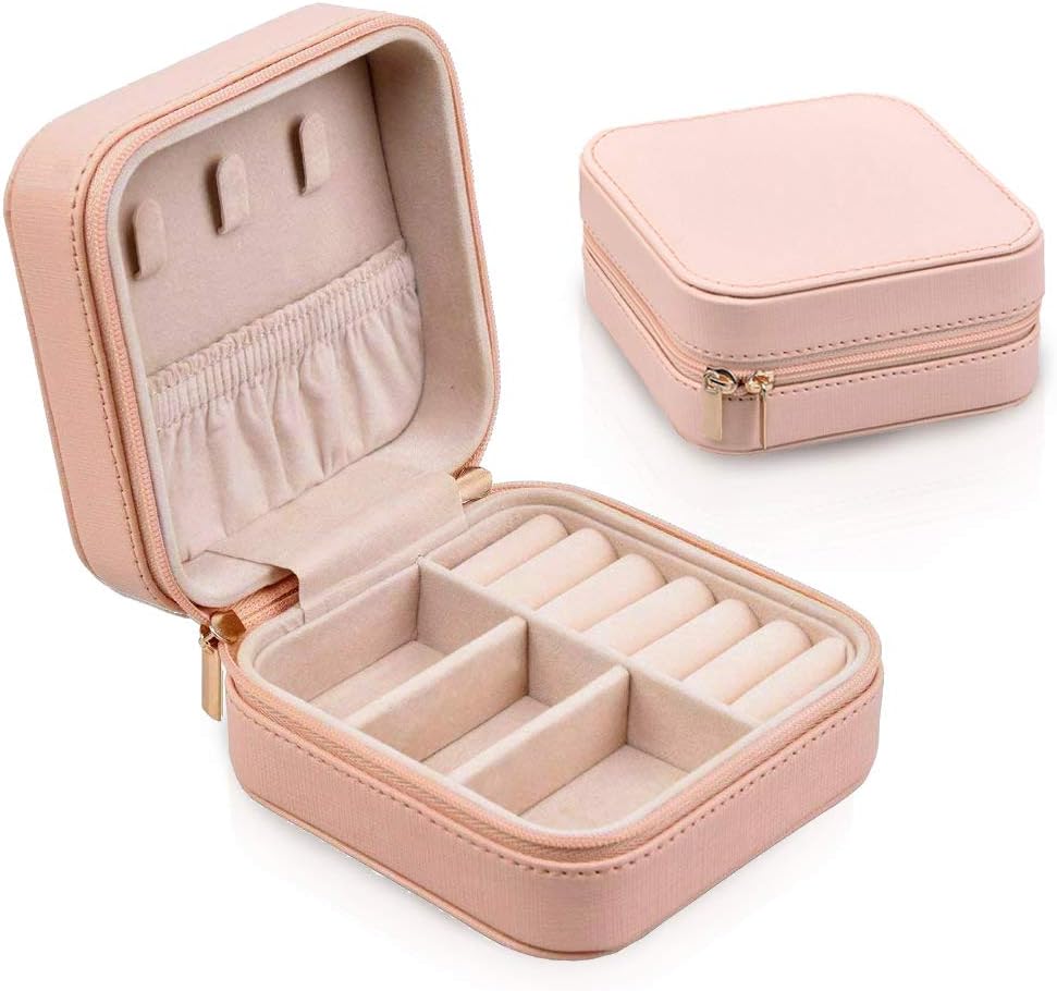 CHIDRA Small Decorative Travel Zipper Jewelry Box Organizer for Earrings Necklaces Bracelets Rings-Faux Leather Storage Case(Pink)