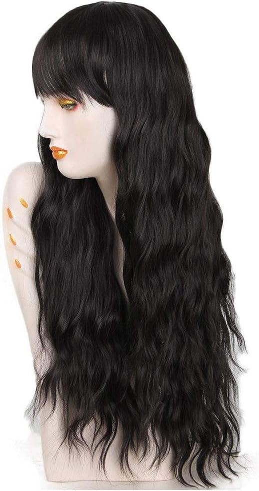 FVCENT 27 Inches Long Curly Women Girls Charming Synthetic Wig with Bangs (Black)