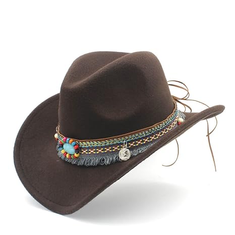 HXGAZXJQ Fashion Damen Herren Westernhut Cowboyhut für Damen, Quaste, Filz, Cowgirl Sombrero Caps, Coffee, 55-58 cm
