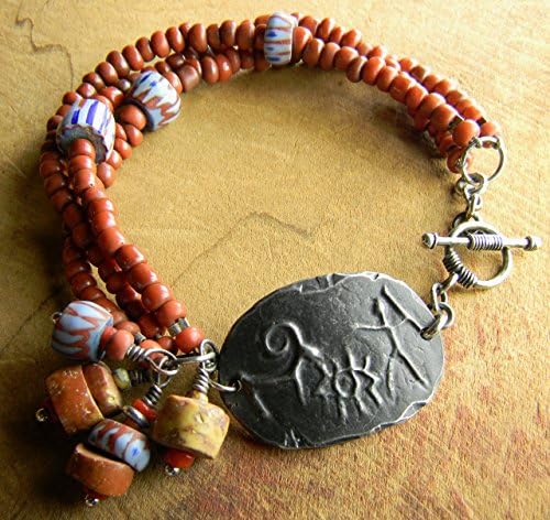Tribal Jewelry Bracelet Cave Drawing Vintage African Trade Beads Primitive Pewter