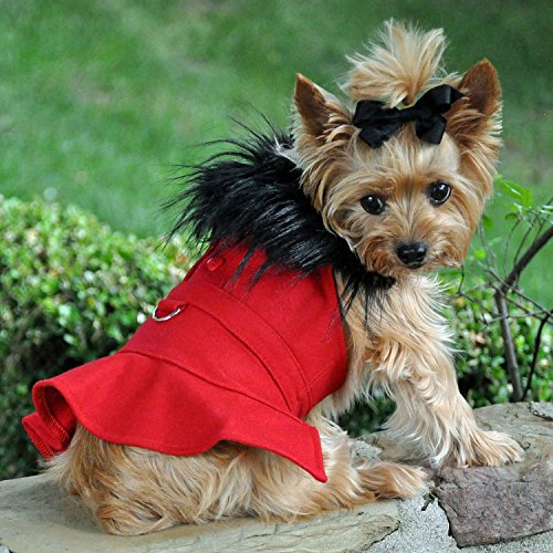 Doggie Design Wool Fur Trimmed Dog Harness Coat with Leash (S, Red)