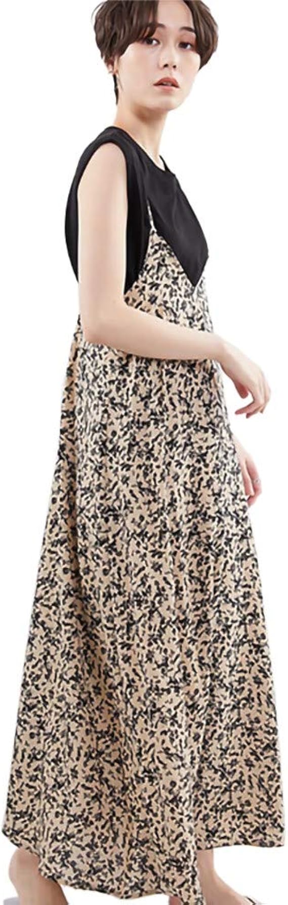 Amazon Lucky Anna 花柄 キャミ ワンピース レディース 深いv レイヤード ロング丈 フラワープリント L ベージュ ワンピース チュニック 通販