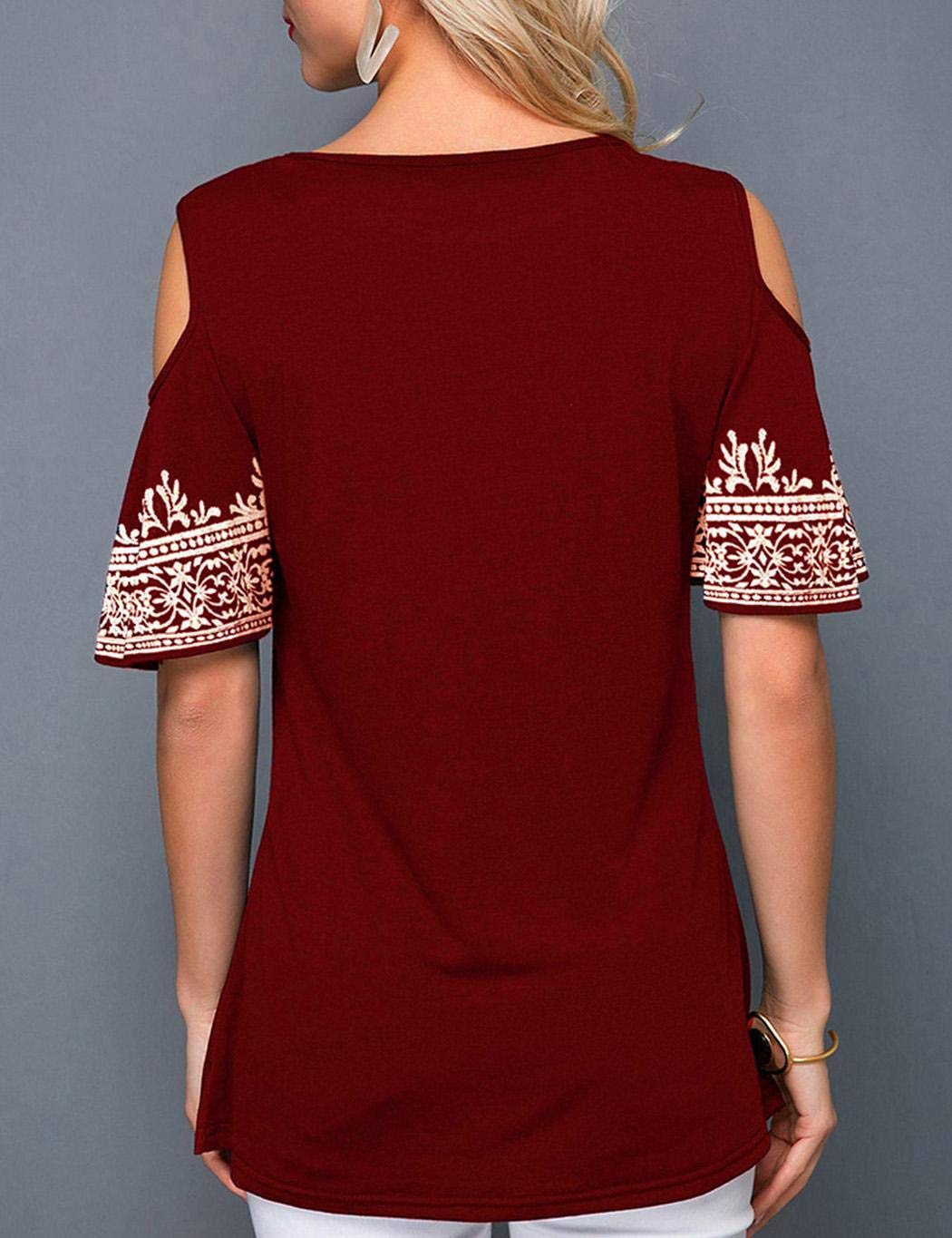 UpBeauty Women Summer O Neck Printed Short Sleeve T-Shirt Casual Off Shoulder Top Knits & Tees S-5XL Red