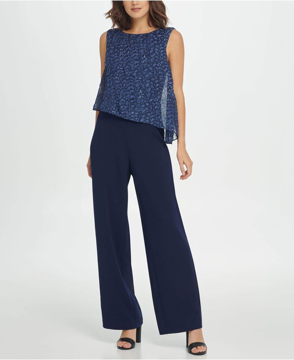 DKNY Womens Navy Zippered Textured Floral Sleeveless Jewel Neck Wide