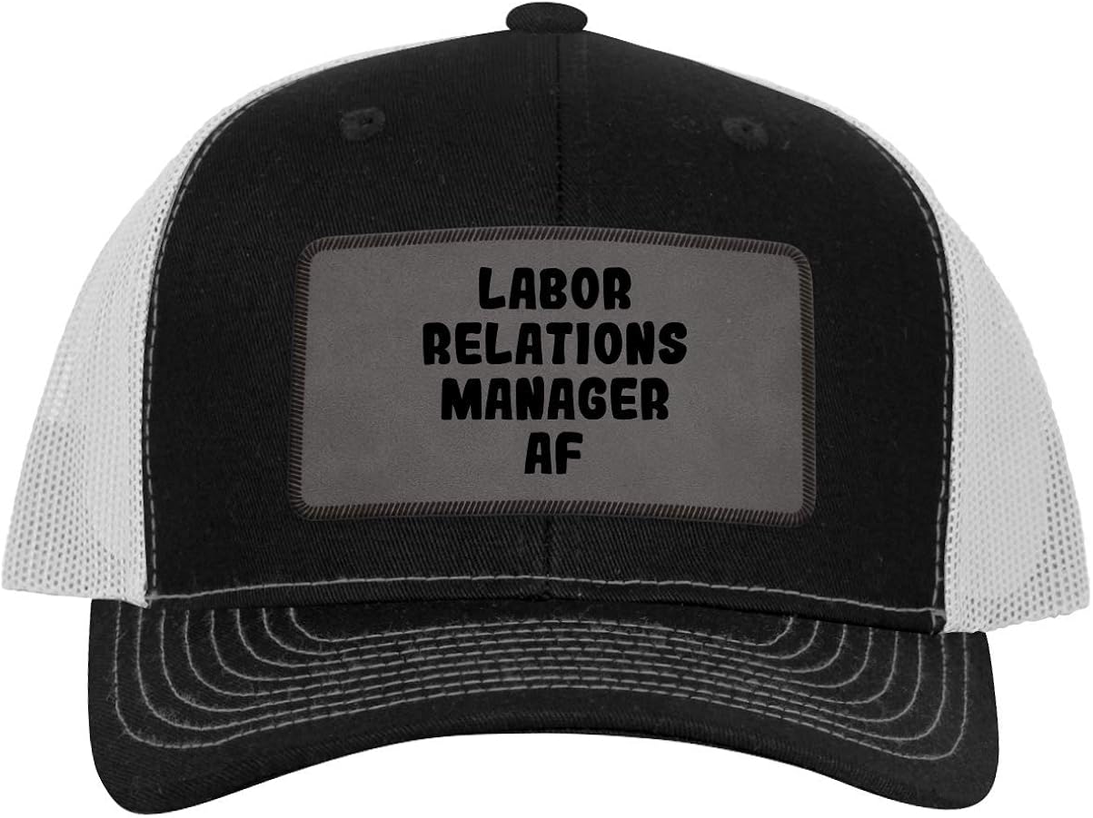 Labor Relations Manager AF Leather Grey Patch Engraved Trucker Hat 