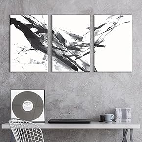 3 Panel Canvas Wall Art - Black Abstract Lightly Splattered Brush Stroke Painting - Giclee Print Gallery Wrap Modern Home Art Ready to Hang - 16"x24" x 3 Panels