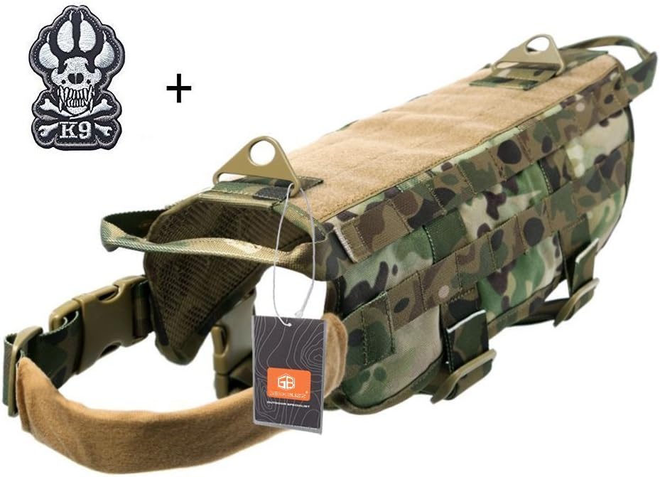 Geekbuzz Tactical Dog Training Molle Vest military Dog Harness Jacket with Handle for Outdoor Activities (XL, Camo)